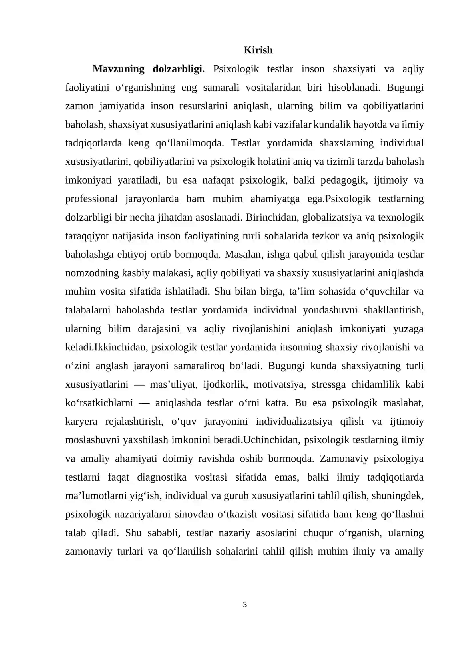 Hozirgi zamon psixologiyasida testning dolzarb muammolari mavzusidai tayyor kurs ishi 3