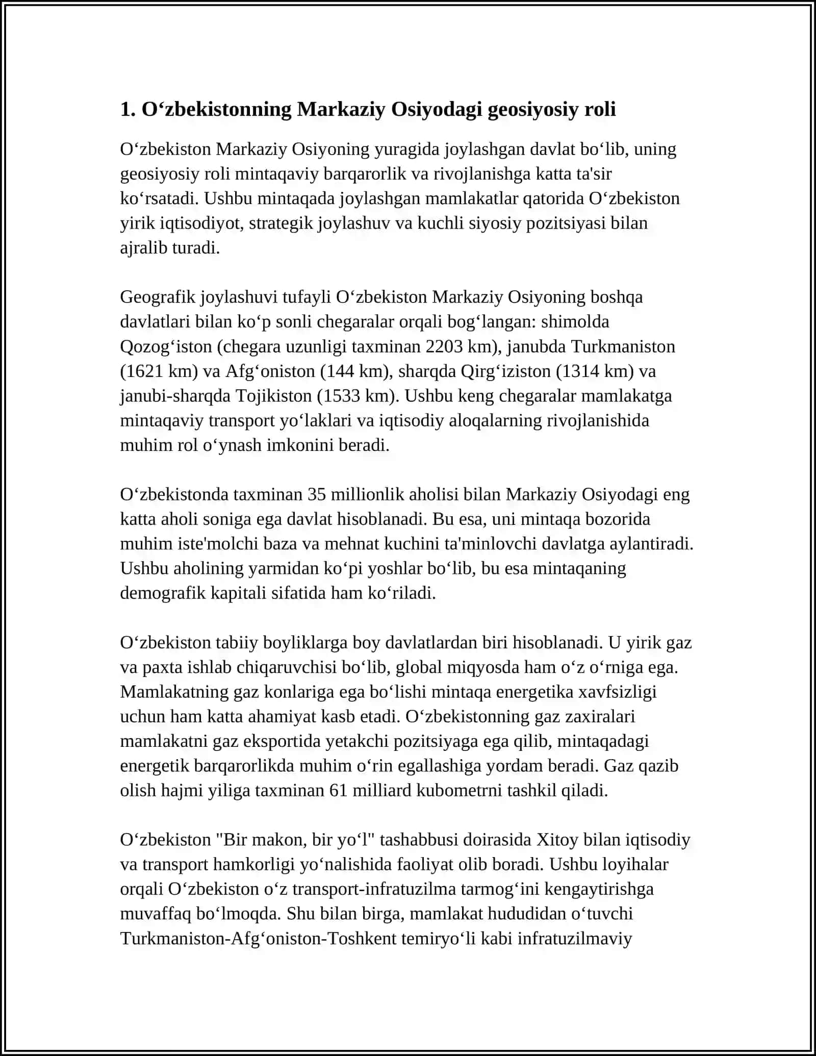 O‘ZBEKISTONNING MARKAZIY OSIYODA TINCHLIK VA BARQARORLIKNI TA‘MINLASHDAGI O‘RNI 3