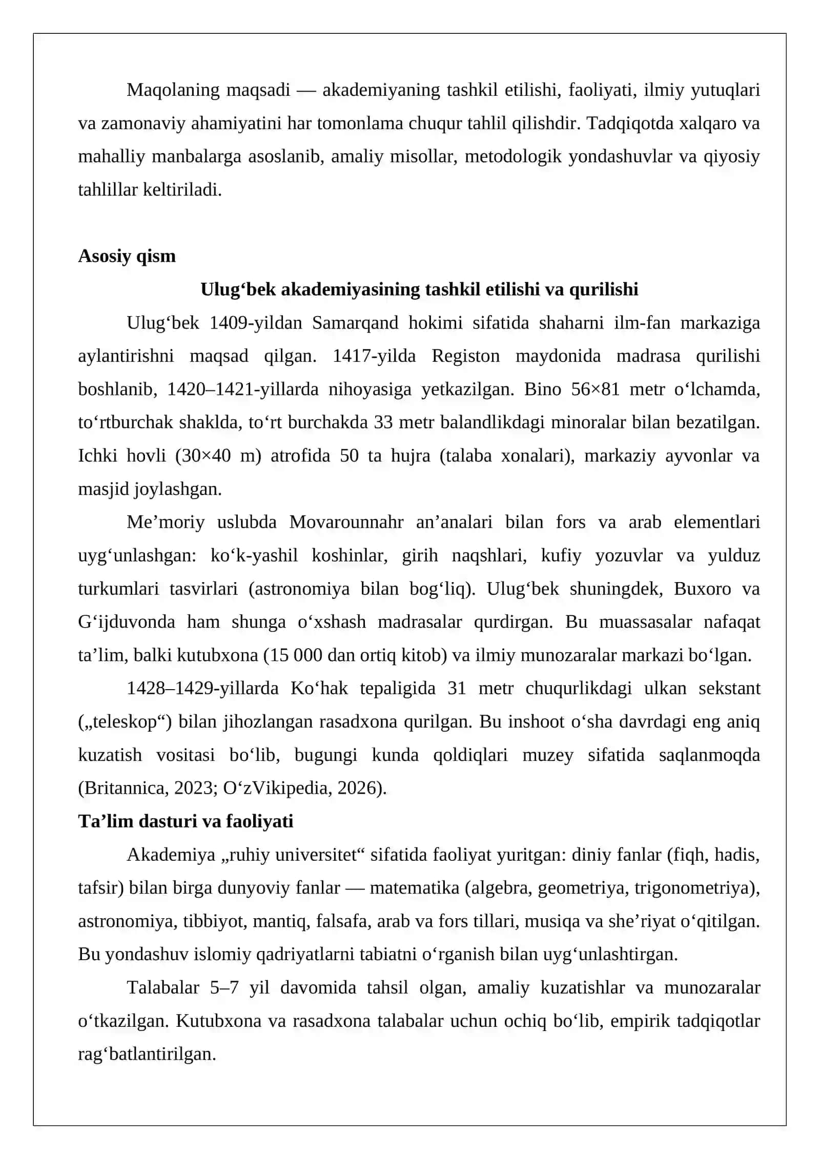 Ulugʻbek akademiyasi va uning faoliyati maqola loyihasi 3