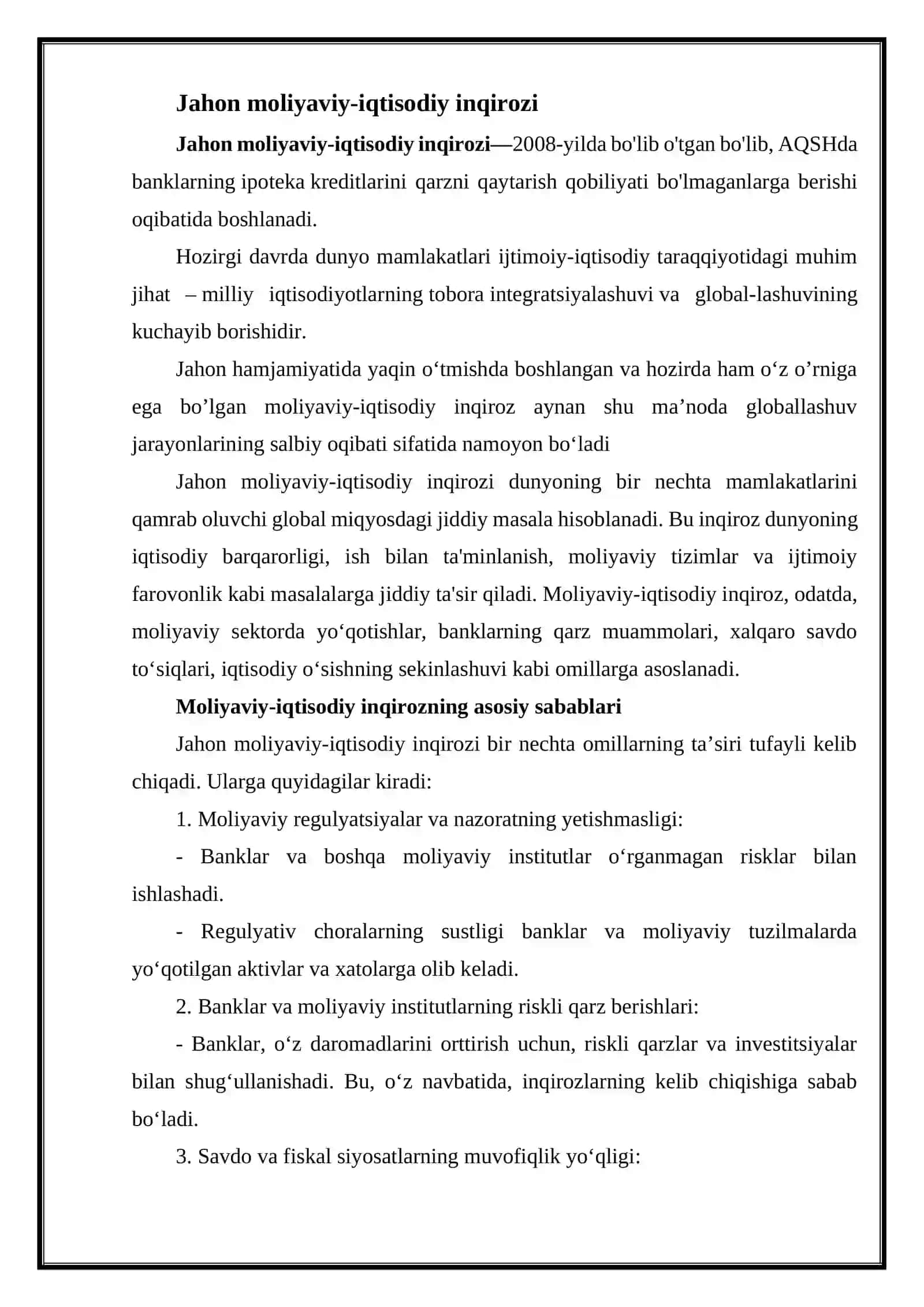 Jahon moliyaviy-iqtisodiy inqirozi va O‘zbekistonda unga qarshi qo‘llanilayotgan chora-tadbirlar 3