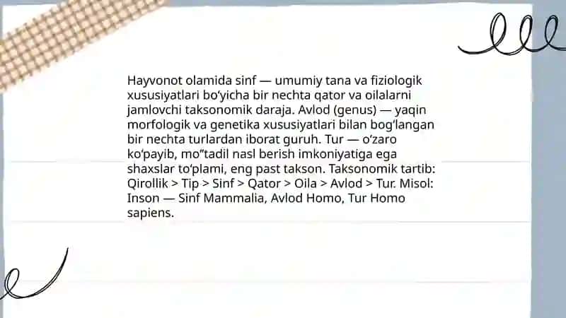 Hayvonot olamida sinf, tur va avlod 3