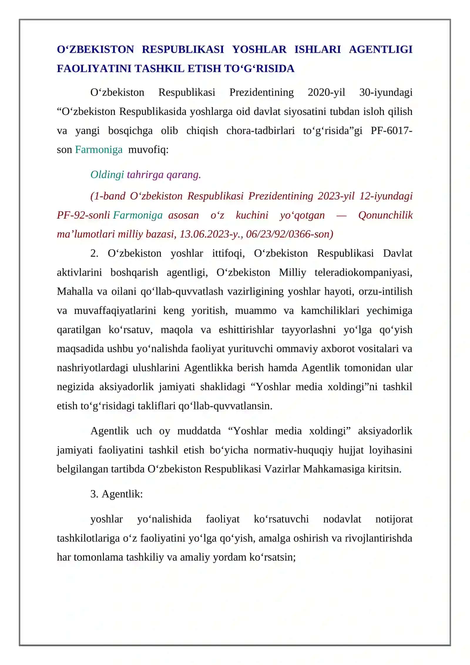 Yoshlar ishlari agentligi faoliyatini tashkil etish to‘g‘risida 3