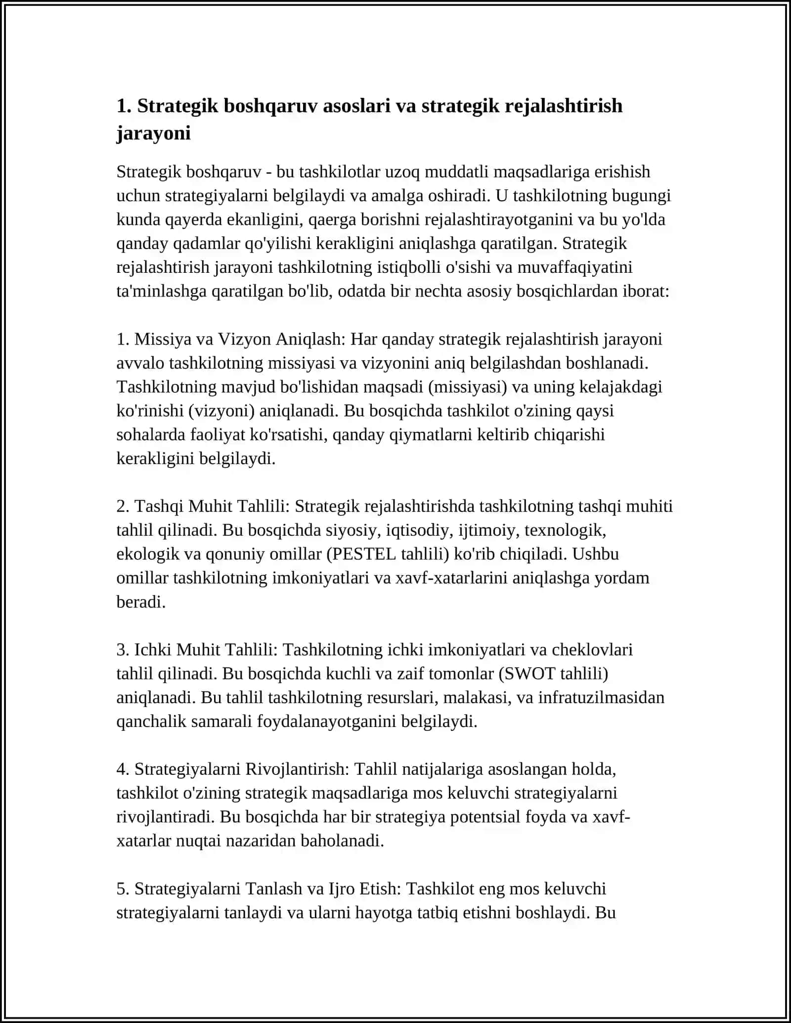 STRATEGIK BOSHQARUV. STRATEGIK YETAKCHILIK. MEHNAT VA RESURSLARNI STRATEGIK BOSHQARISH. STRATEGIK KOMMUNIKATSIYA 3