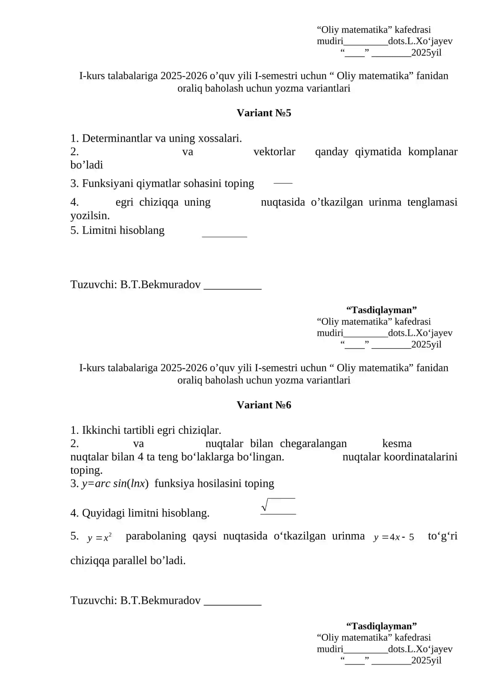 Oliy matematika fanidan oraliq baholash variantlari 3