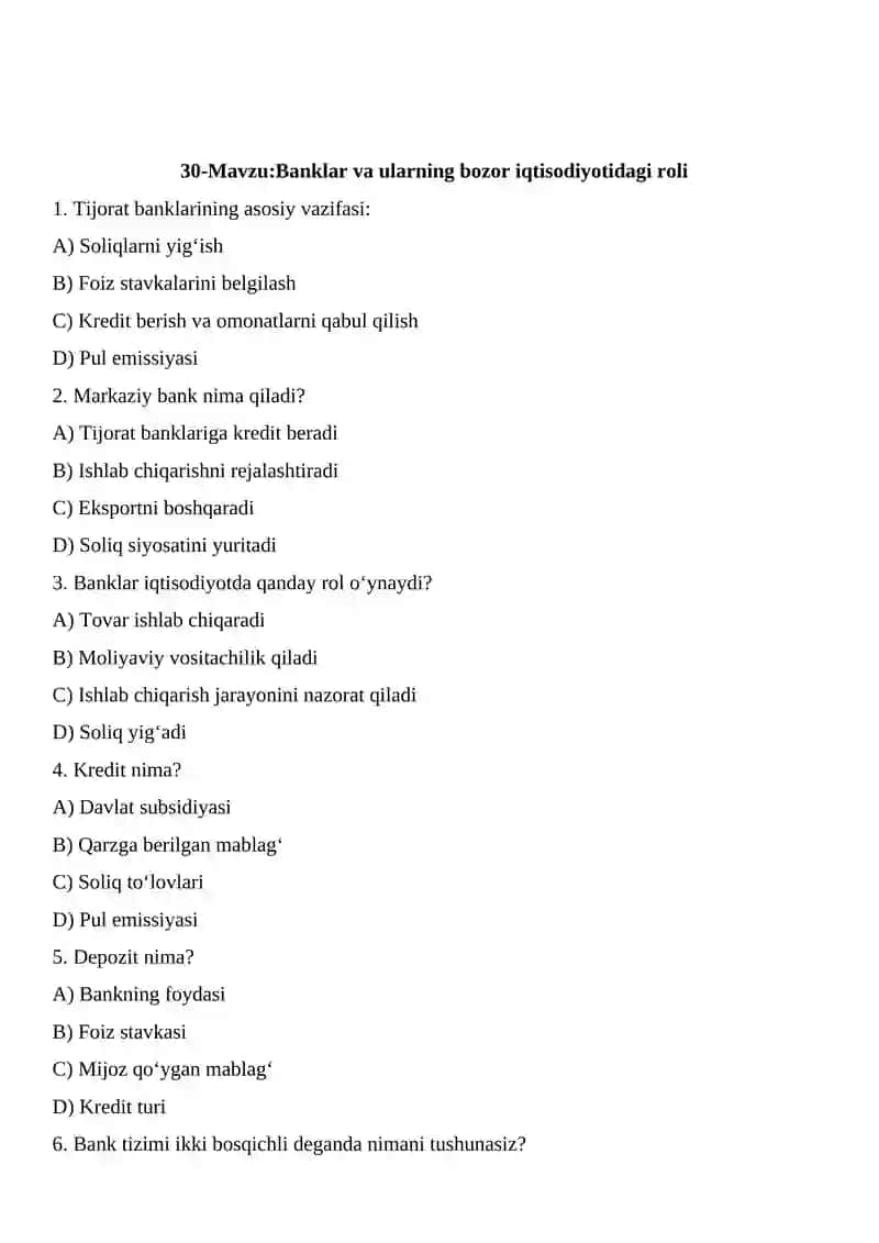 Iqtisodiyot mavzularga oid testlar 3