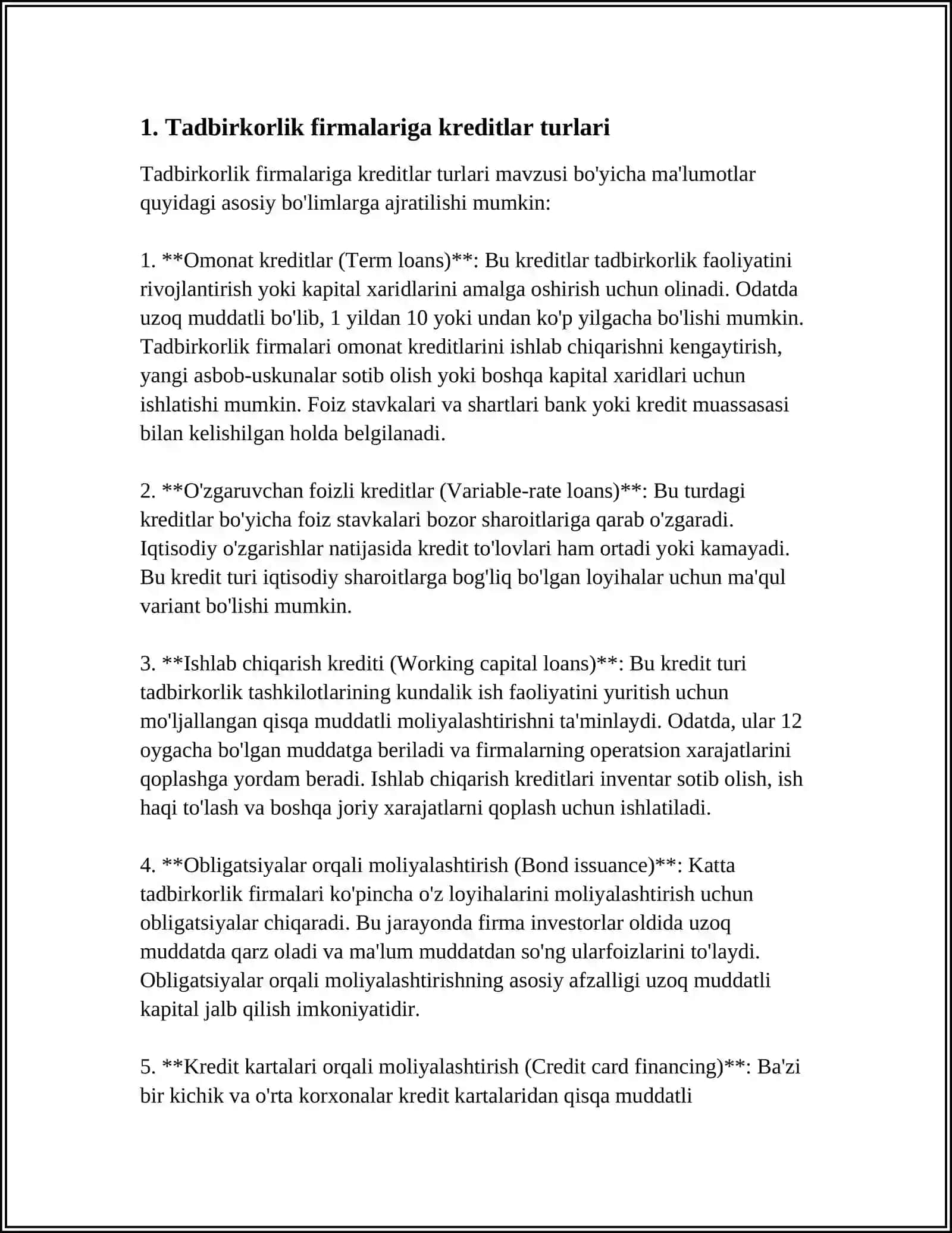 Tadbirkorlik firmalarini kreditlash 3