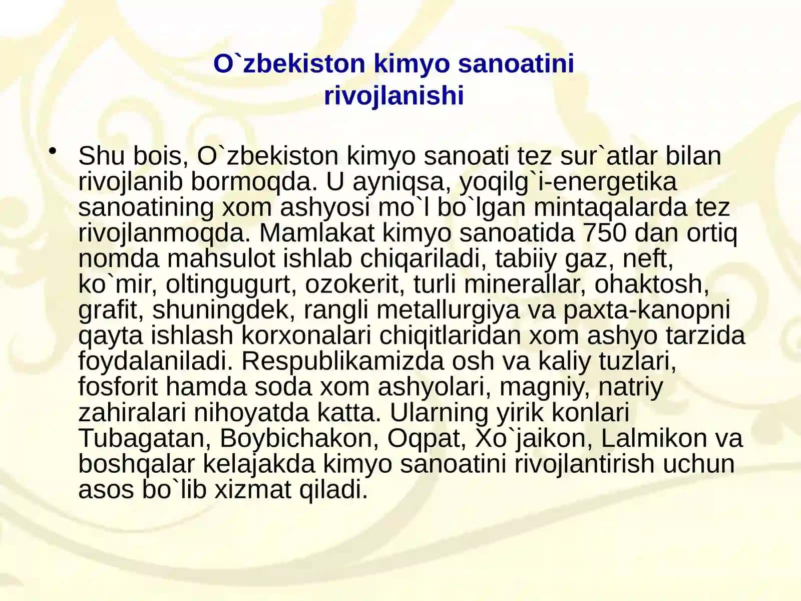 O`zbekistonda ishlab chiqariladigan asosiy kimyo viy mahsulotlar 3