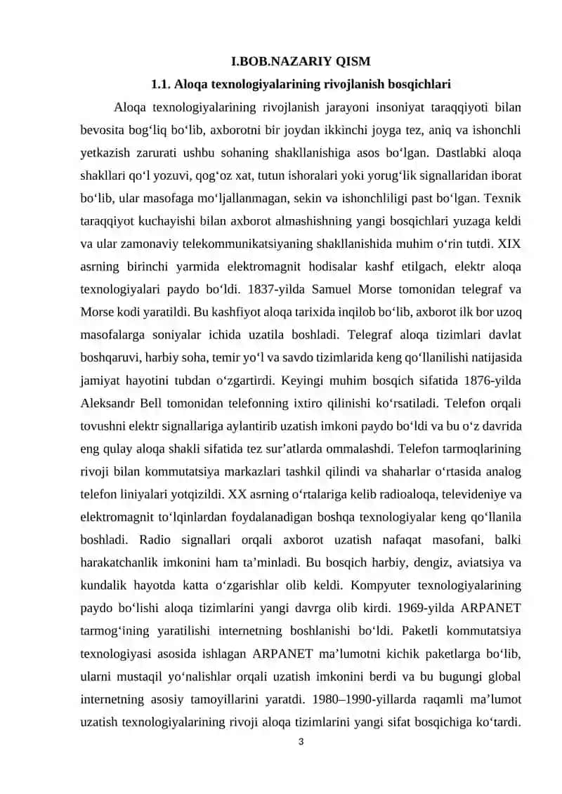 ALOQA TEXNOLOGIYALARI VA TARMOQLAR KURS ISHI 3