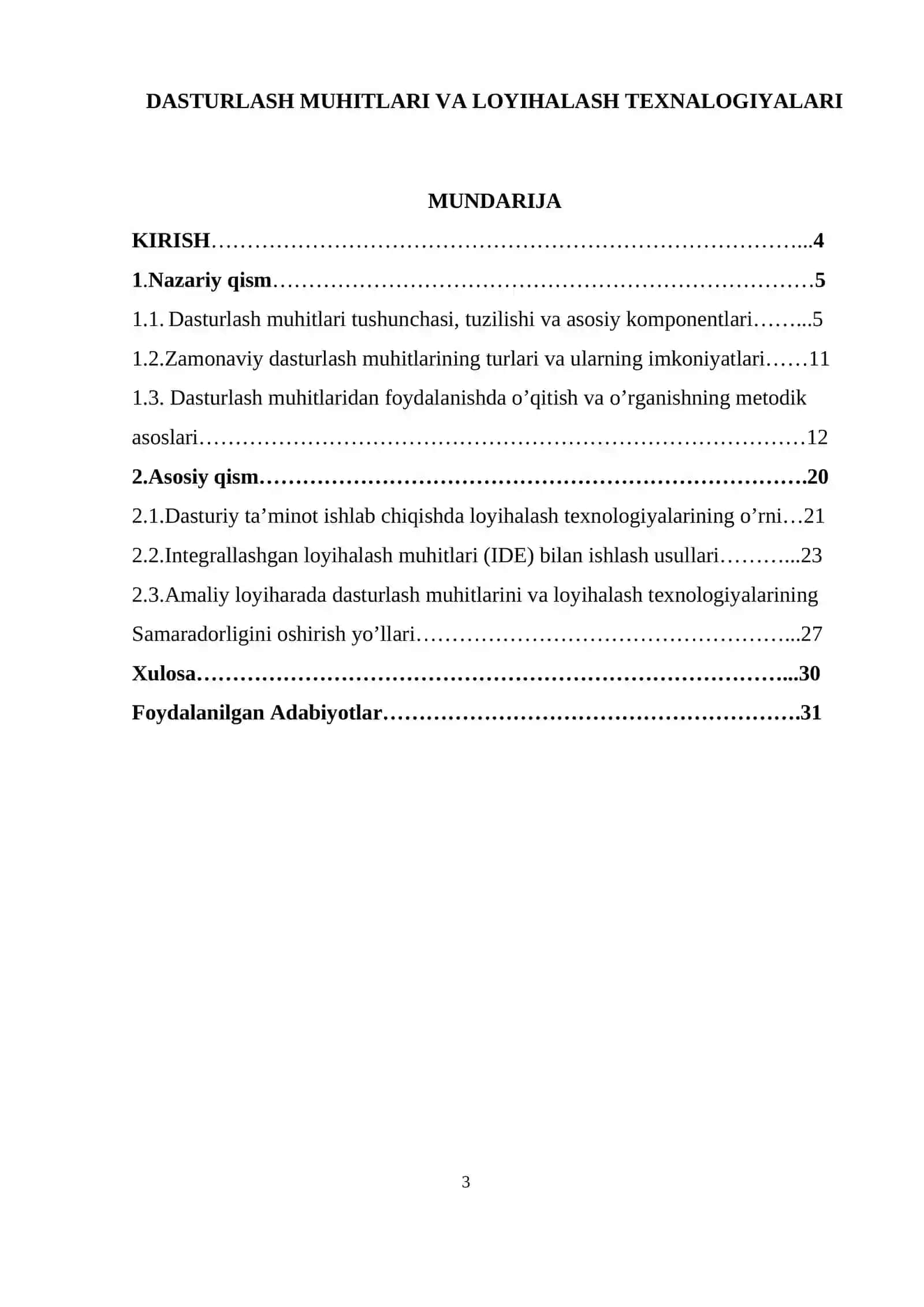 Dasturlash Muhitlari va Loyihalash Texnologiyalari 3