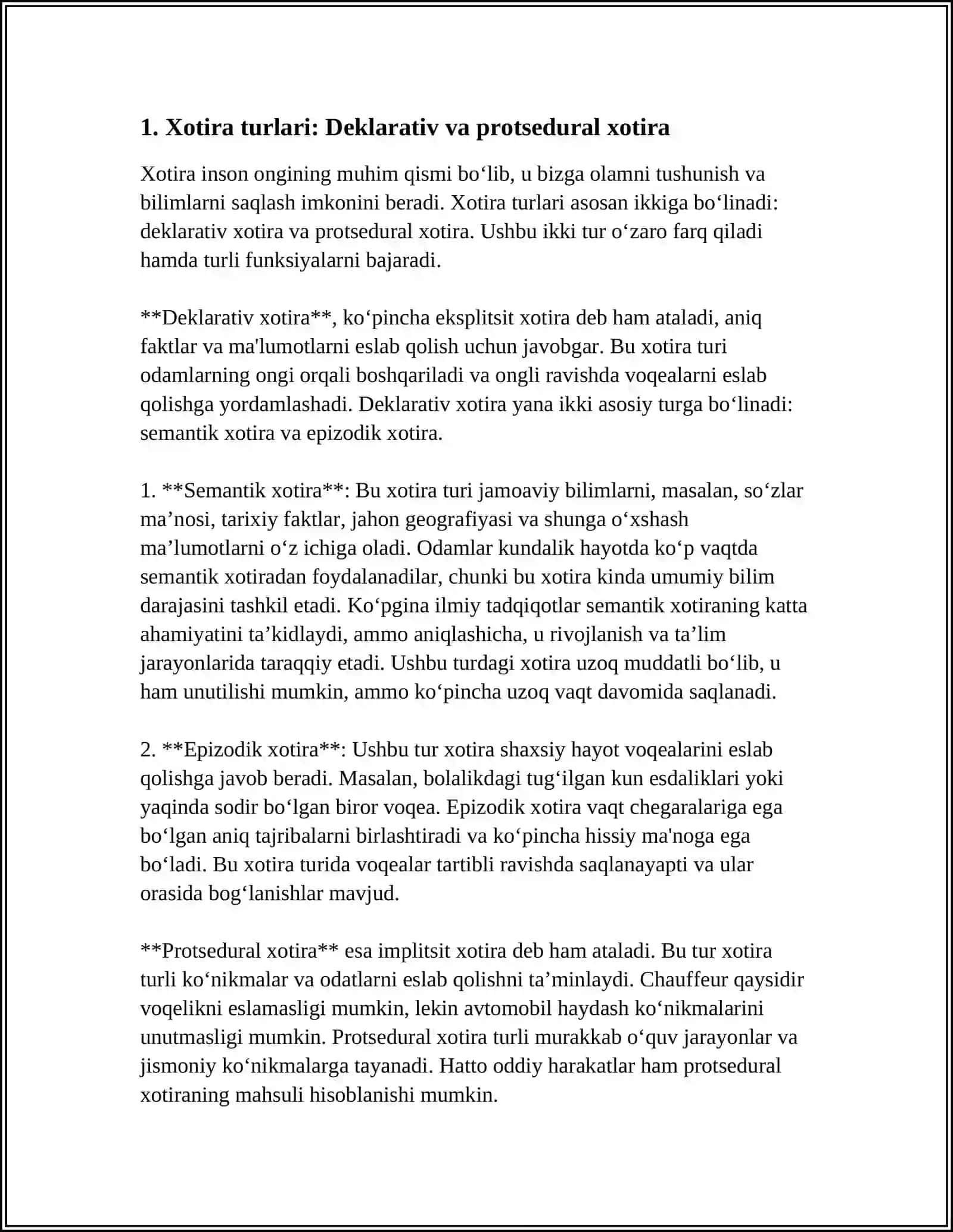 Xotira turlari: Deklarativ va protsedural xotira 3
