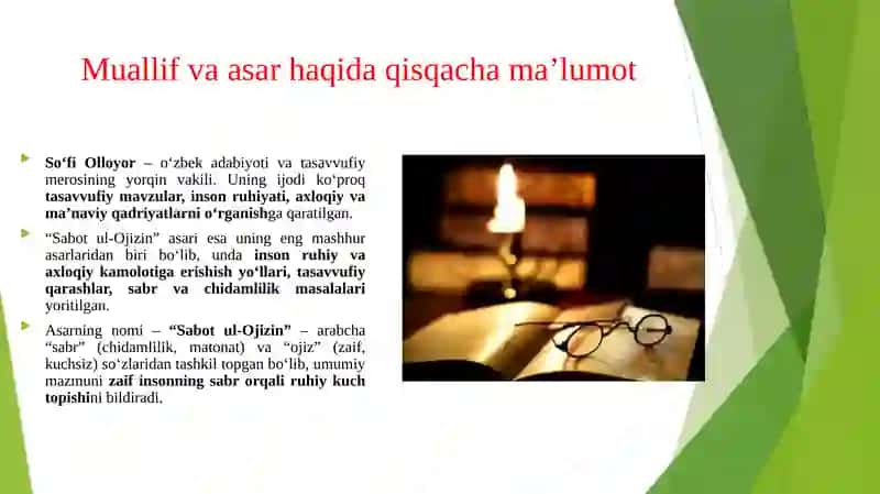 So‘fi olloyorning sabot ul- ojizin asarlari tahlili 3