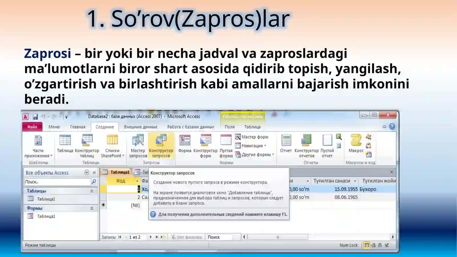 MS Access 2010ningso’rovob’yektibilanishlash 3