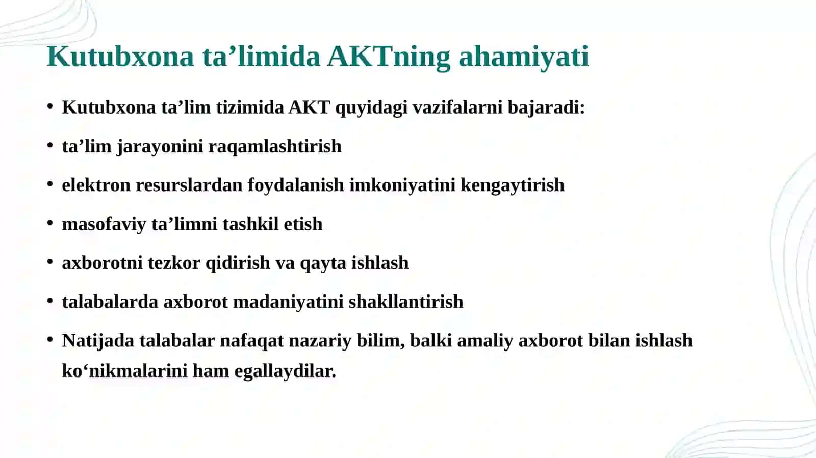 Ma’ruza: Kutubxona ta’limida axborot kommunikatsion texnologiyalaridan foydalanish 3