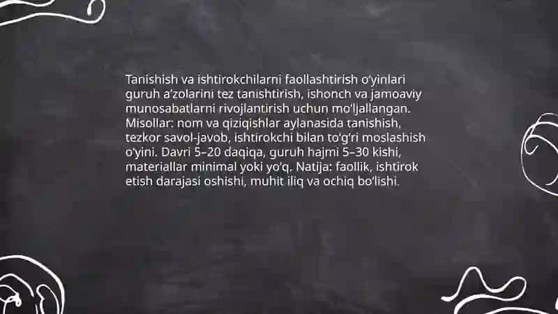 Tanishish va ishtirokchilarni faollashtirish oʻyinlari 3