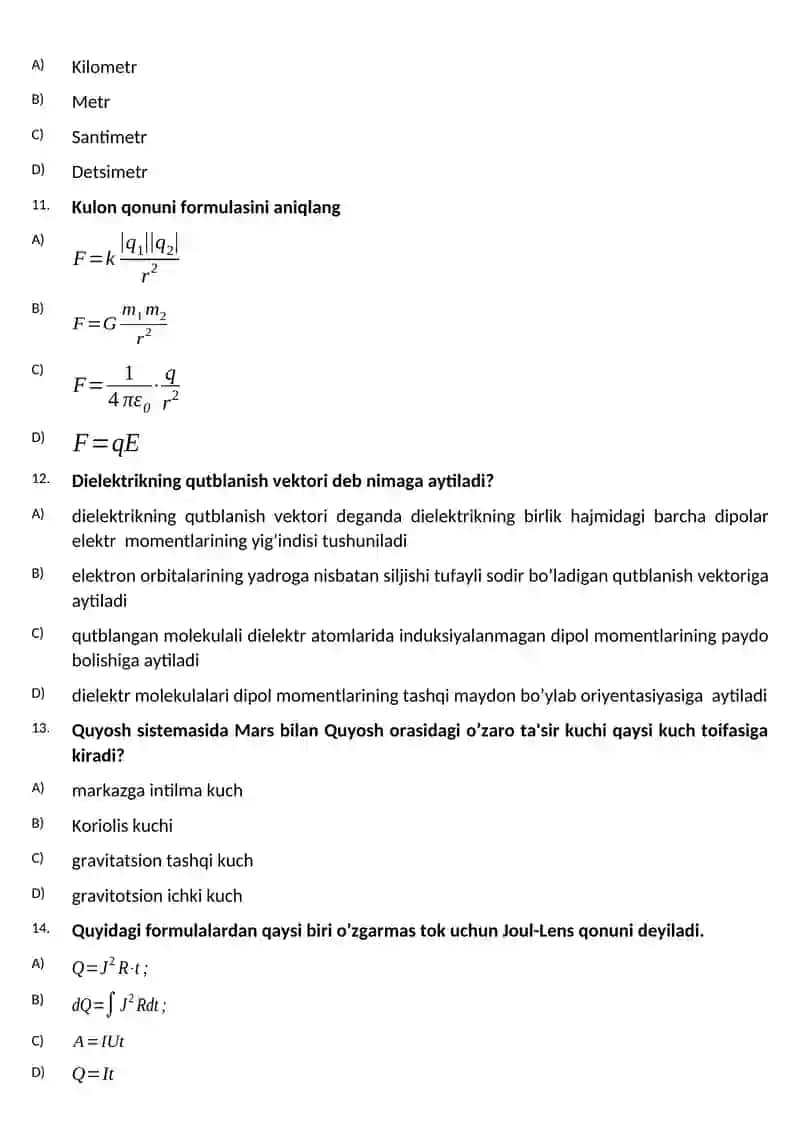 Buxoro muhandislik-texnologiya instituti KT fakulteti 1-kurs talabalari uchun Fizika fanidan yakuniy nazorat TEST SAVOLLARI 3