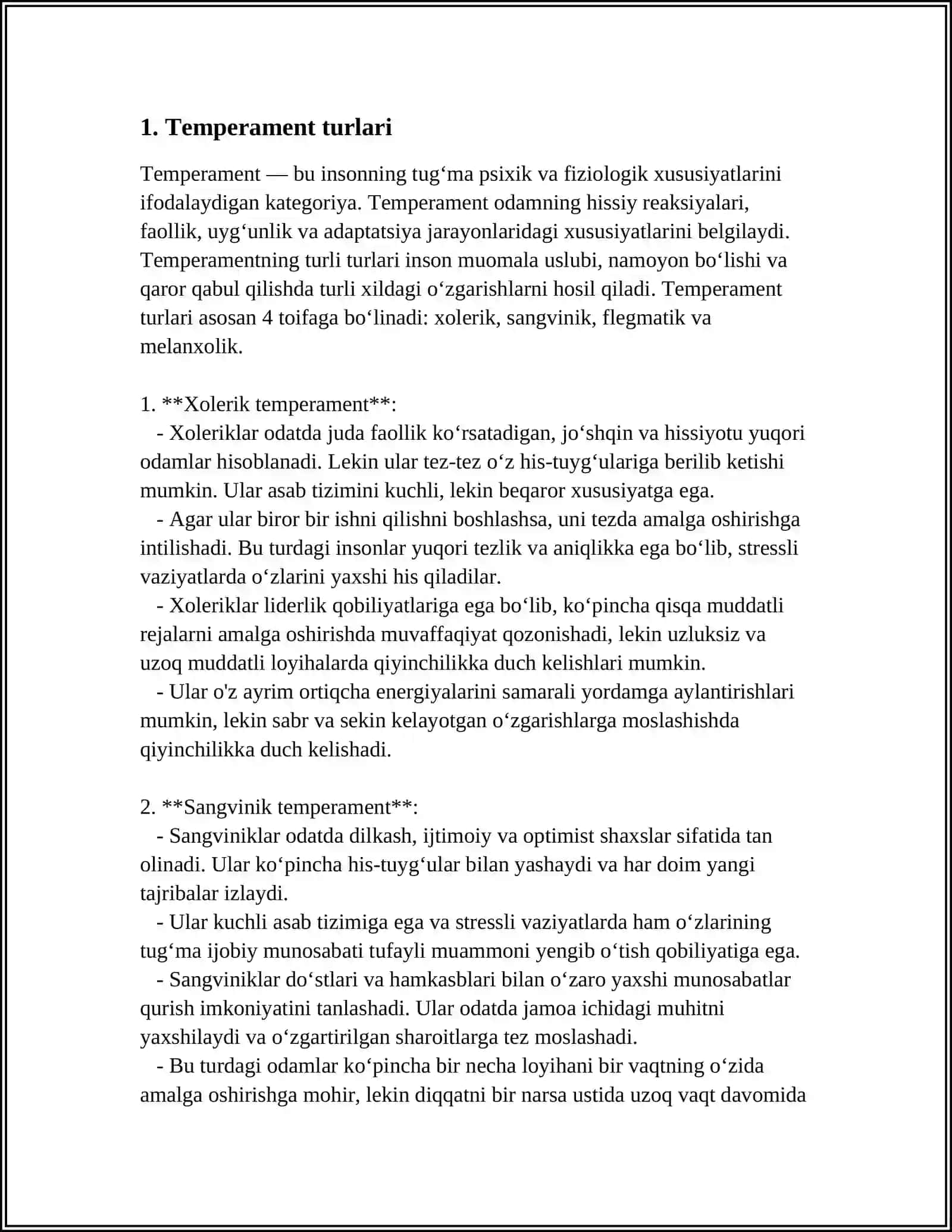 MUSTAQIL ISH Mavzu: TEMPERAMENT 3