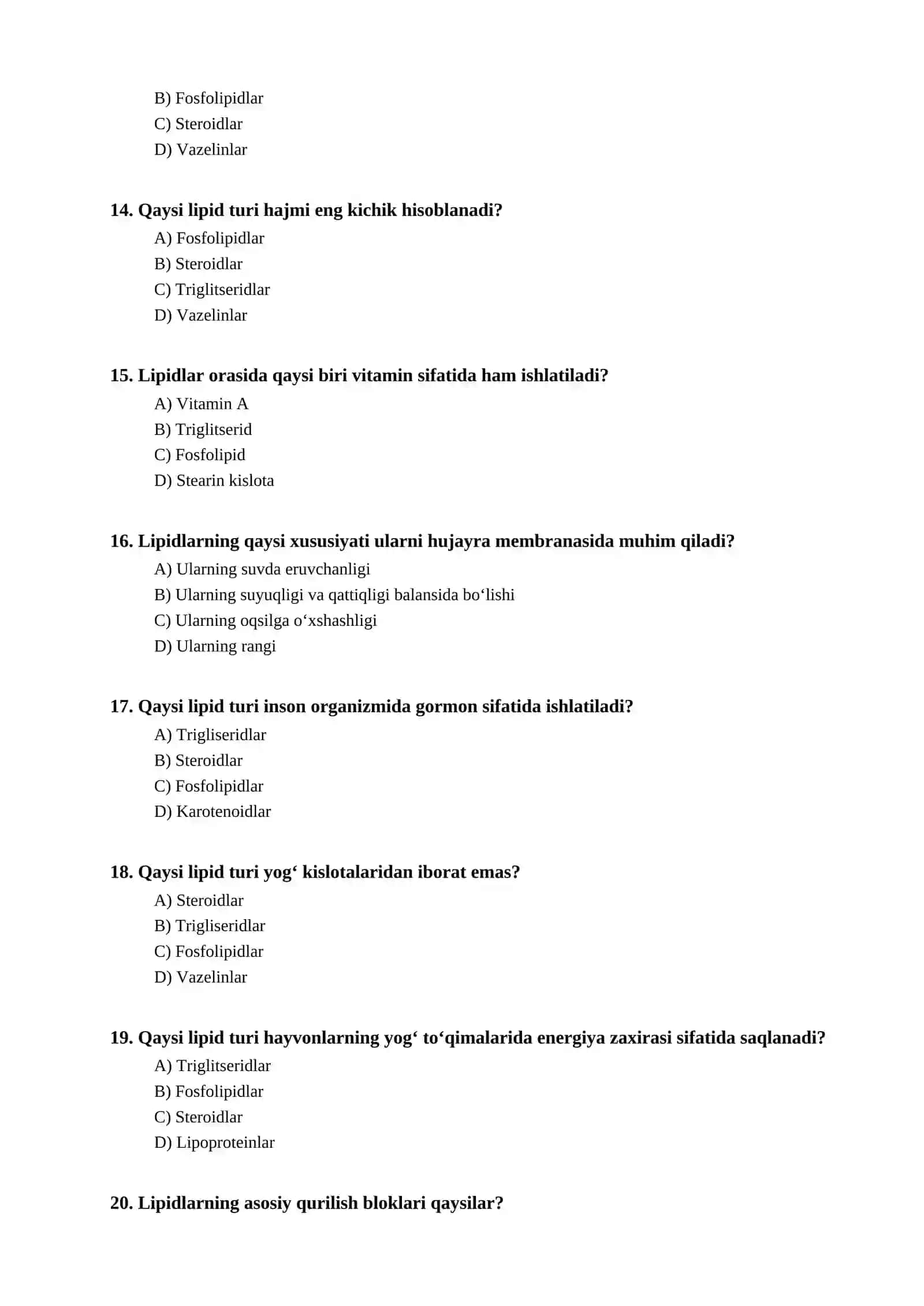 Lipidlar bo'yicha test 3