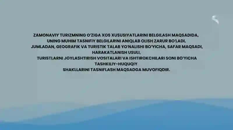 TURIZM SOHASINING TASNIFLANISHI VA TURLARI 3
