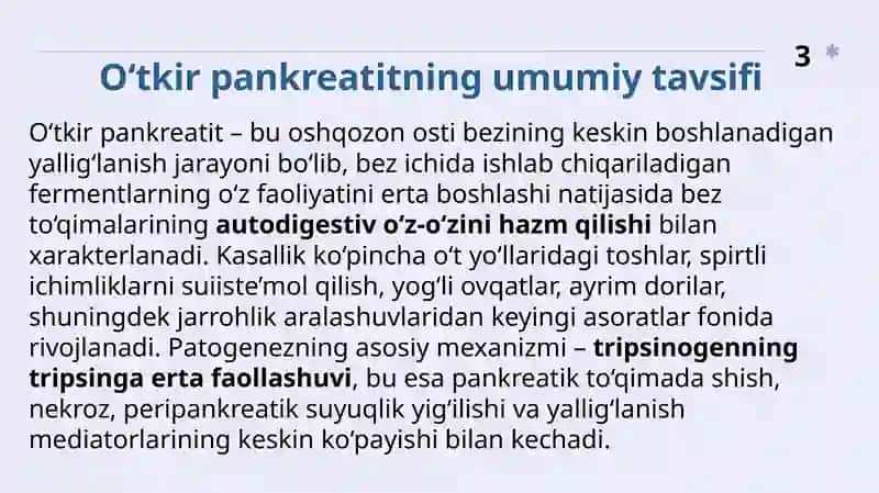 Oshqozon osti bezi kasalliklari: o‘tkir pankreatit klinikasi, tashxisi, taqqosiy tashxislash, davolash va profilaktikasi 3