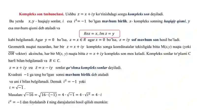 Hisob (Calculus) faniga kirish. Kompleks sonlar. Kompleks sonlar ustida amallar. Kompleks sonning algebraik, trigonometrik va ko‘rsatkichli shakli. Asosiy ta’rif va tushunchalar 3