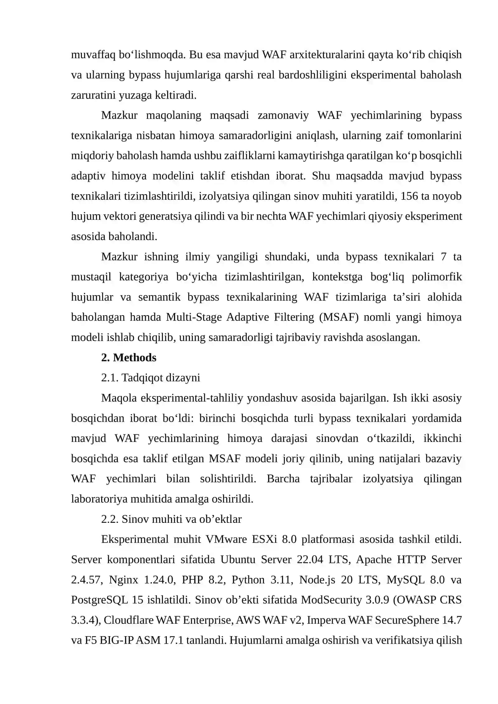 WEB APPLICATION FIREWALL (WAF) TIZIMLARINI CHETLAB OʻTISH USULLARI: EKSPERIMENTAL TAHLIL VA ADAPTIV HIMOYA MODELI 3