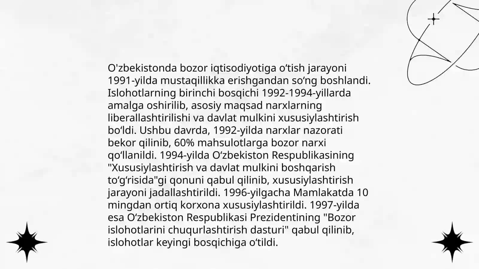 O’zbekistonda bozor iqtisodiyotiga o’tishning zaruriyati va bozor iqtisodiyotining hozirgi holati bo’yicha taqdimot tayyorlash 3