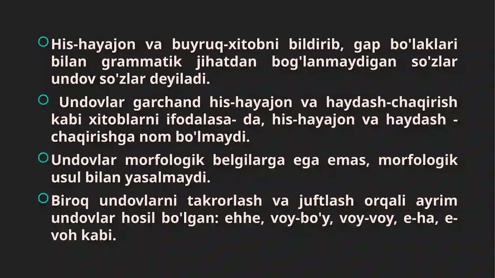Alohida olingan so'zlar: Undov, taqlid, modal so'zlar 3