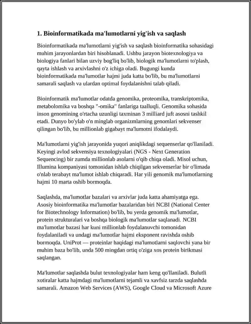 BIOINFORMATIKA VA BIOMEXANIKA FANIDAN MUSTAQIL ISH 3