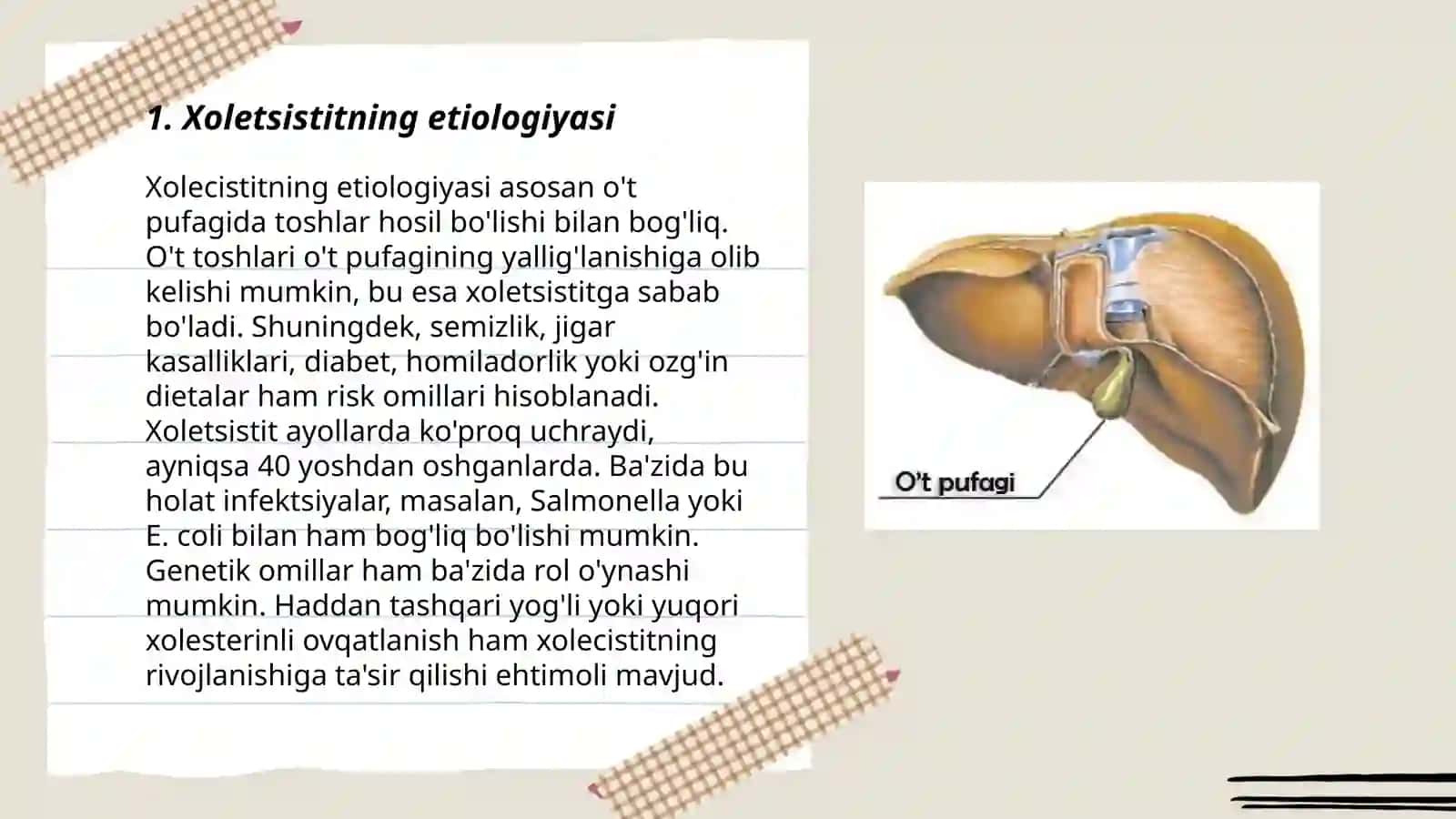 O'tkir va surunkali xolesistit o't tosh kasalligi.Etiologiyasi klinikasi, kechishi davosi hamshiralik parvarishi,profilaktikasi 3