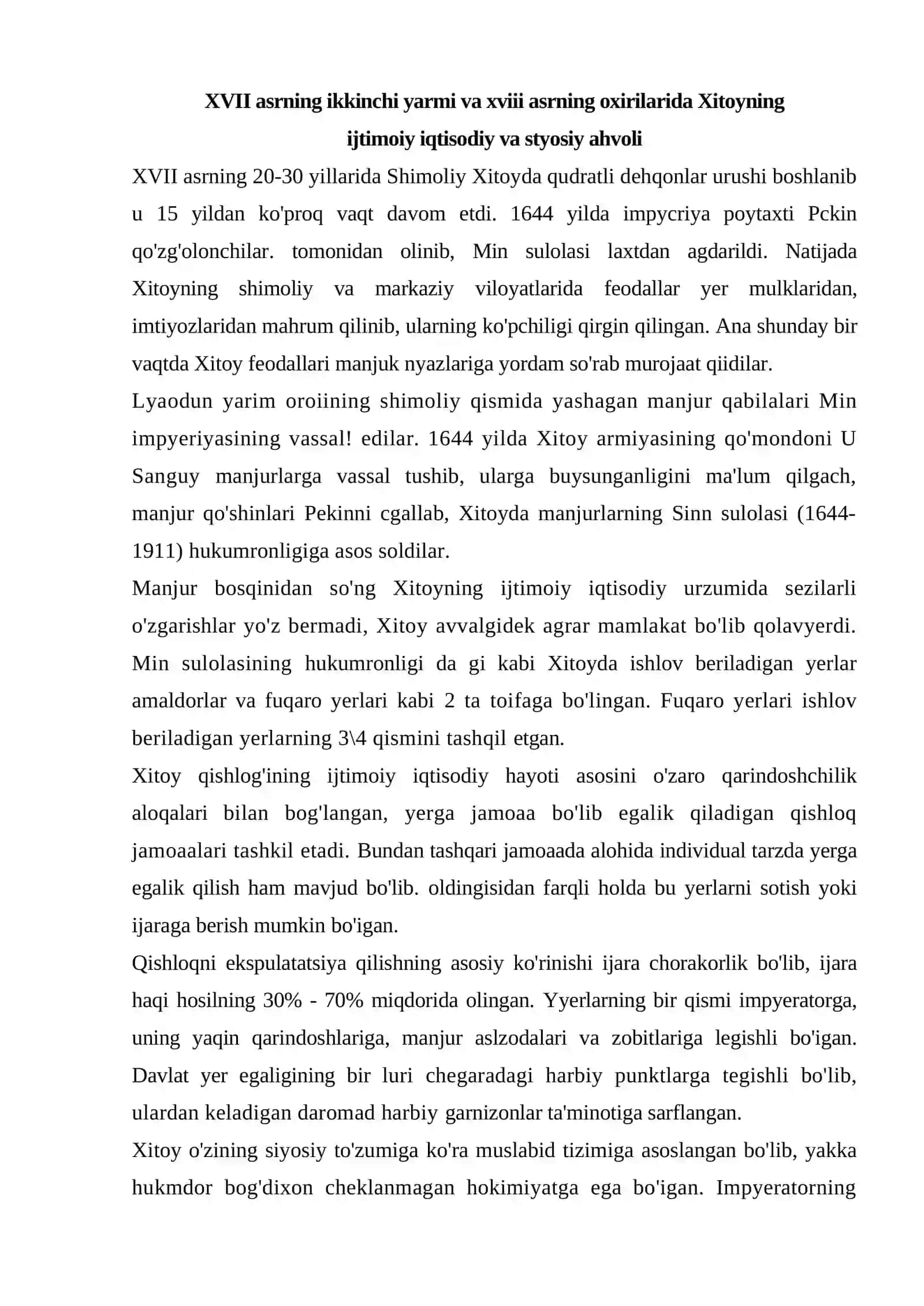 MUSTAQIL ISHI XVIII ASRDAN – 1870 YILLARGACHA XITOY 3