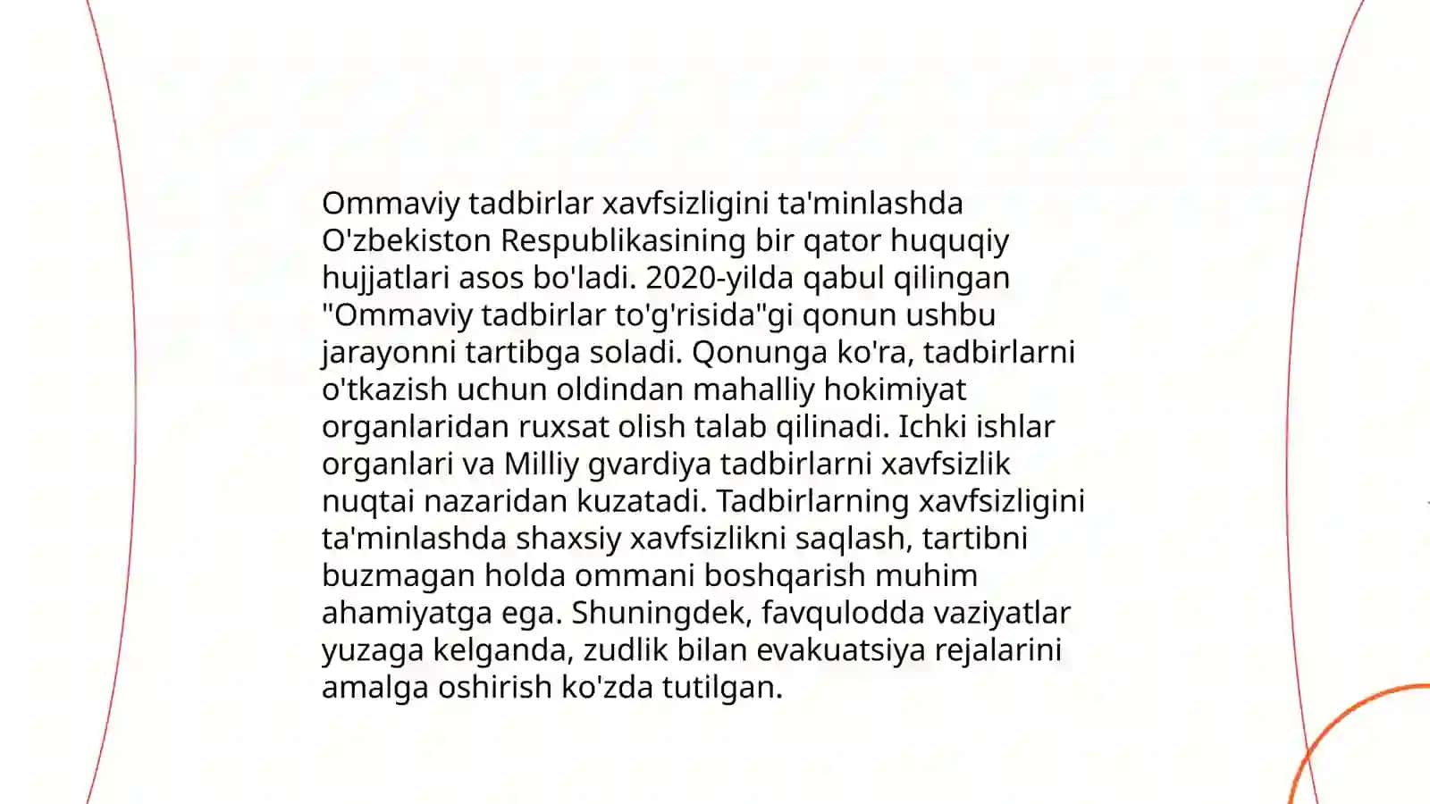 Ommaviy tadbirlarni oʻtkazishda fuqarolarning xavfsizligini va jamoat xavfsizligini taʼminlash chora tadbirlari 3