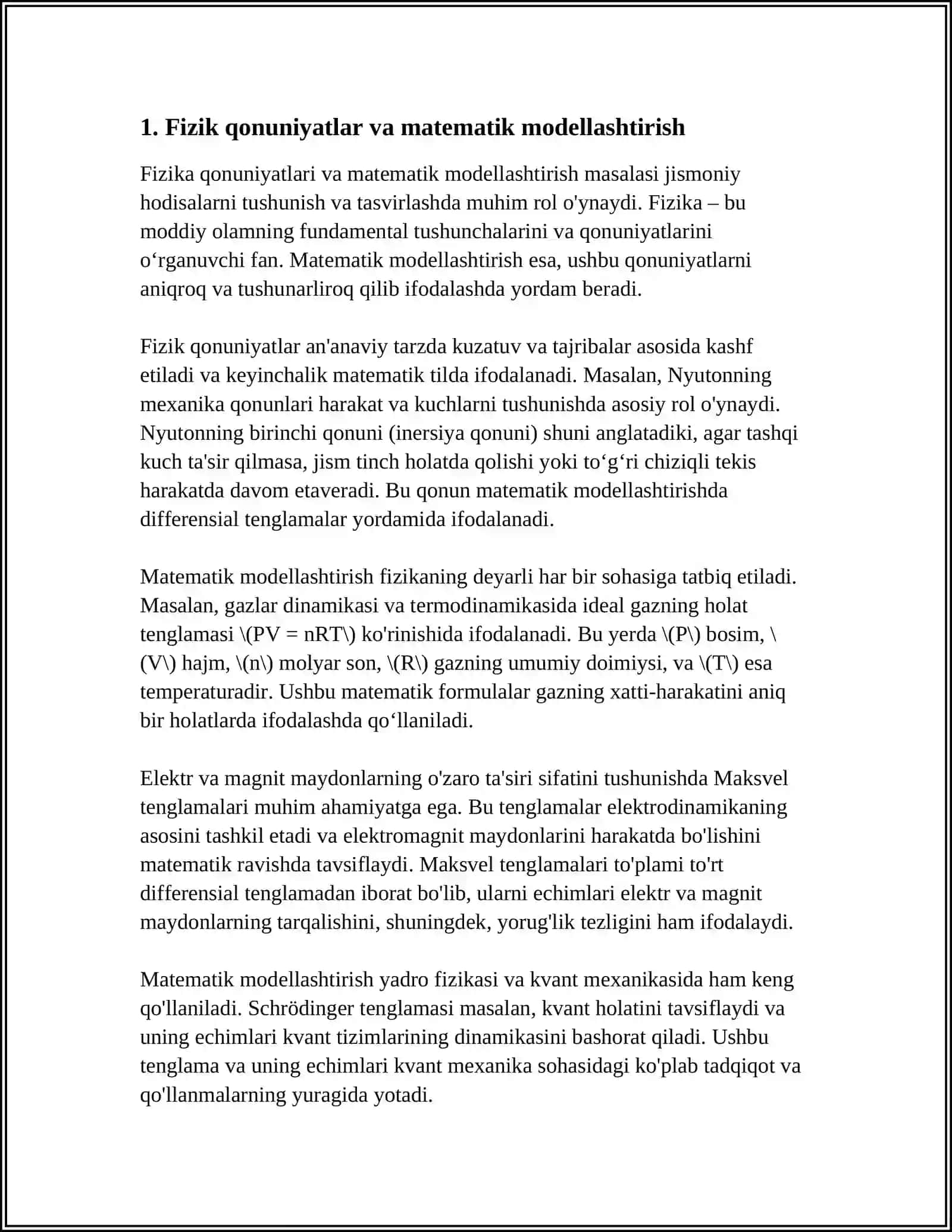 FIZIK VA MATEMATIK MODELLASHTIRISH, OLINGAN NATIJALAR ASOSIDA PROGNOZ QILISH 3