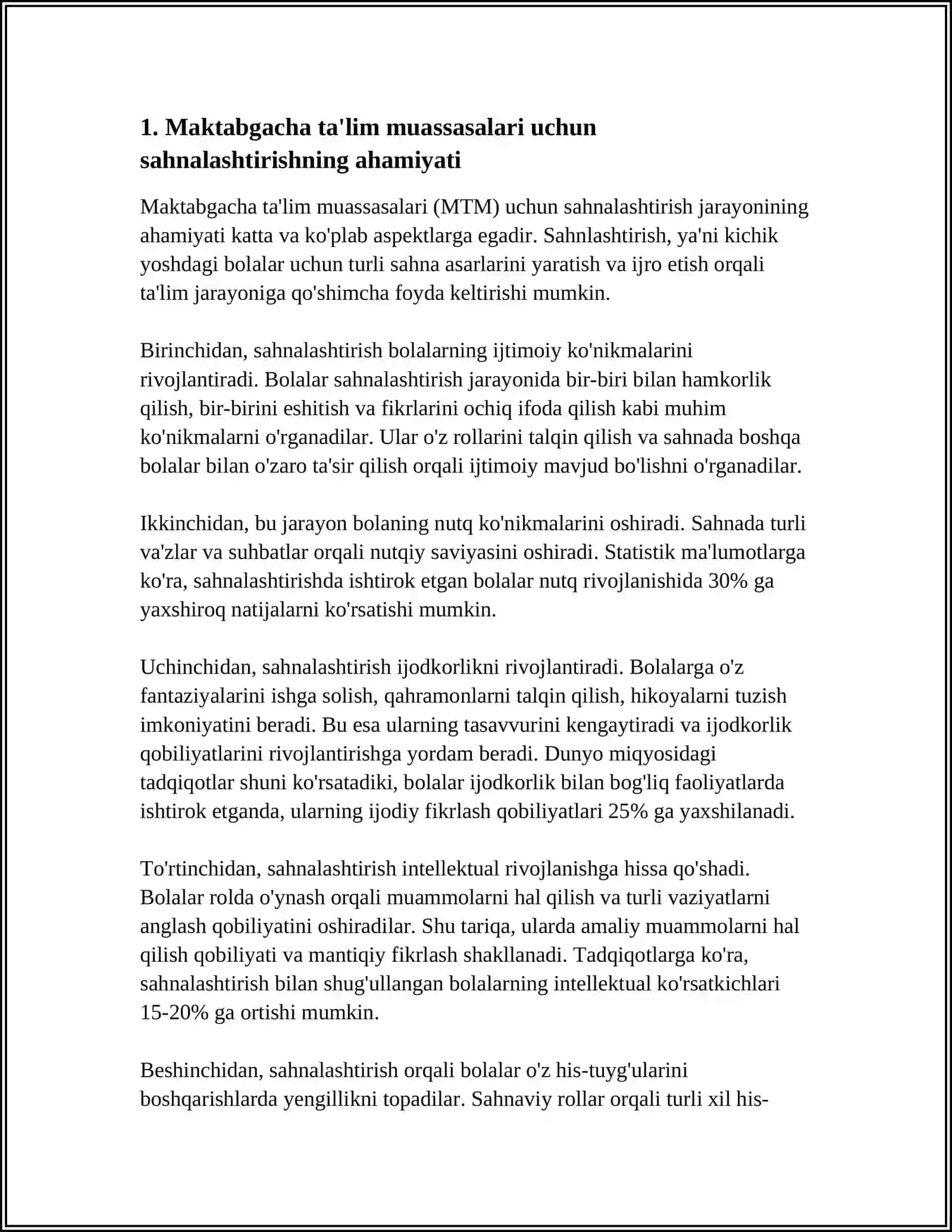 MUSTAQIL ISH Mavzu: MAKTABGACHA TA'LIM TASHKILOTIDA SAHNALASHTIRISH FAOLIYATI 3