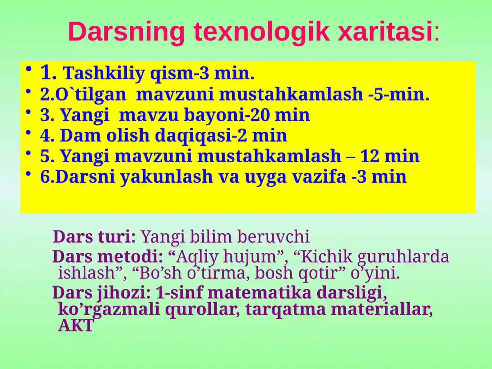 1-sinf uchun matematika fanidan tayyorlangan bir soatlik DARS ISHLANMASI 3