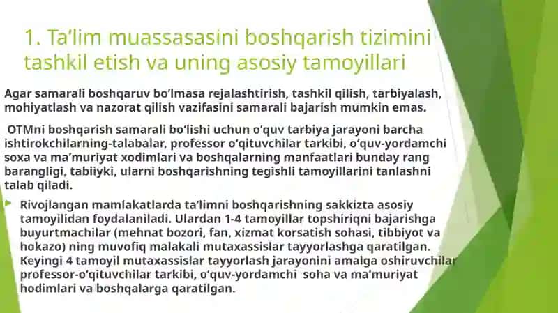 Ta'lim tizimi muassasasini boshqarish tamoyillari va uslublari 3