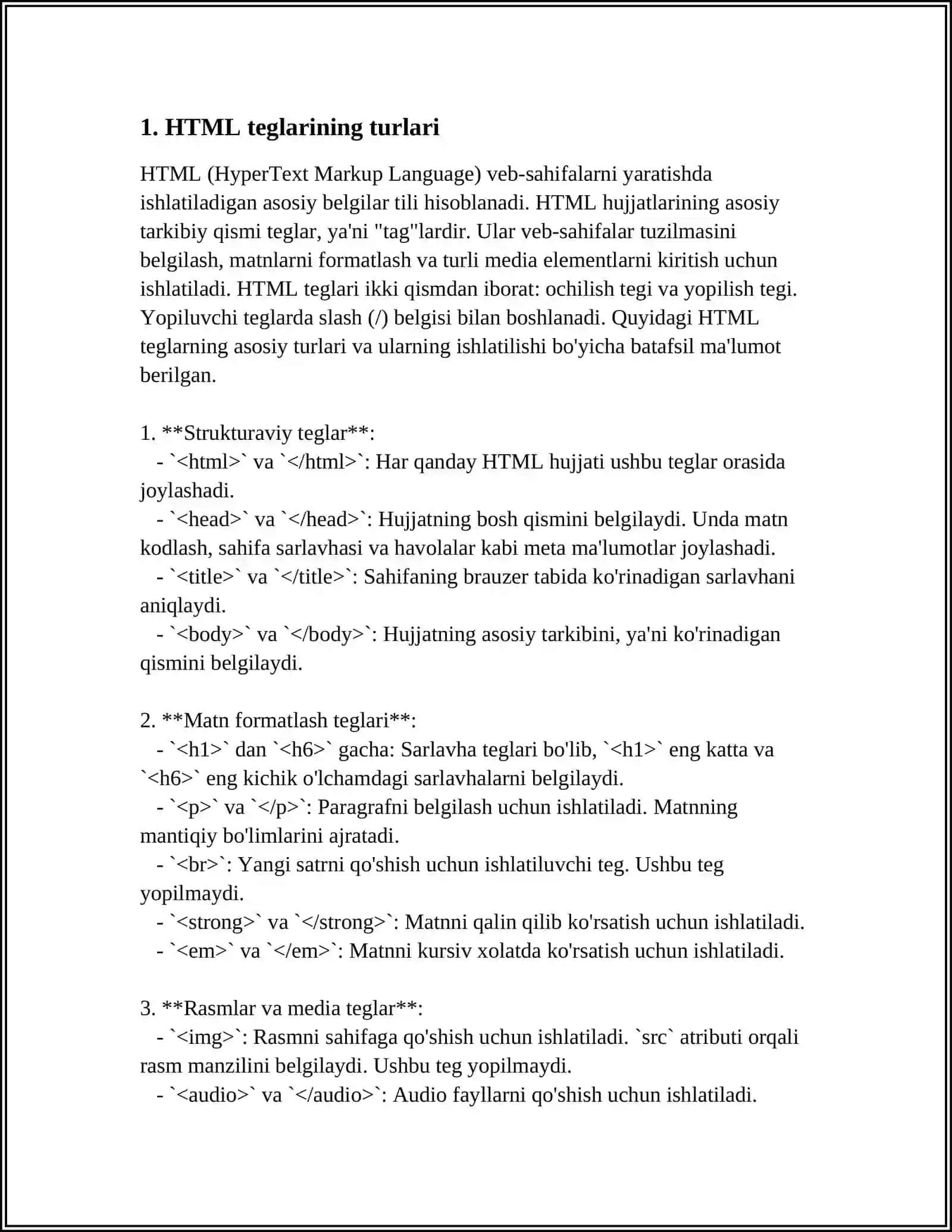 Mavzu: HTML DASTURLASH TILIDA TEG TUSHUNCHASI 3