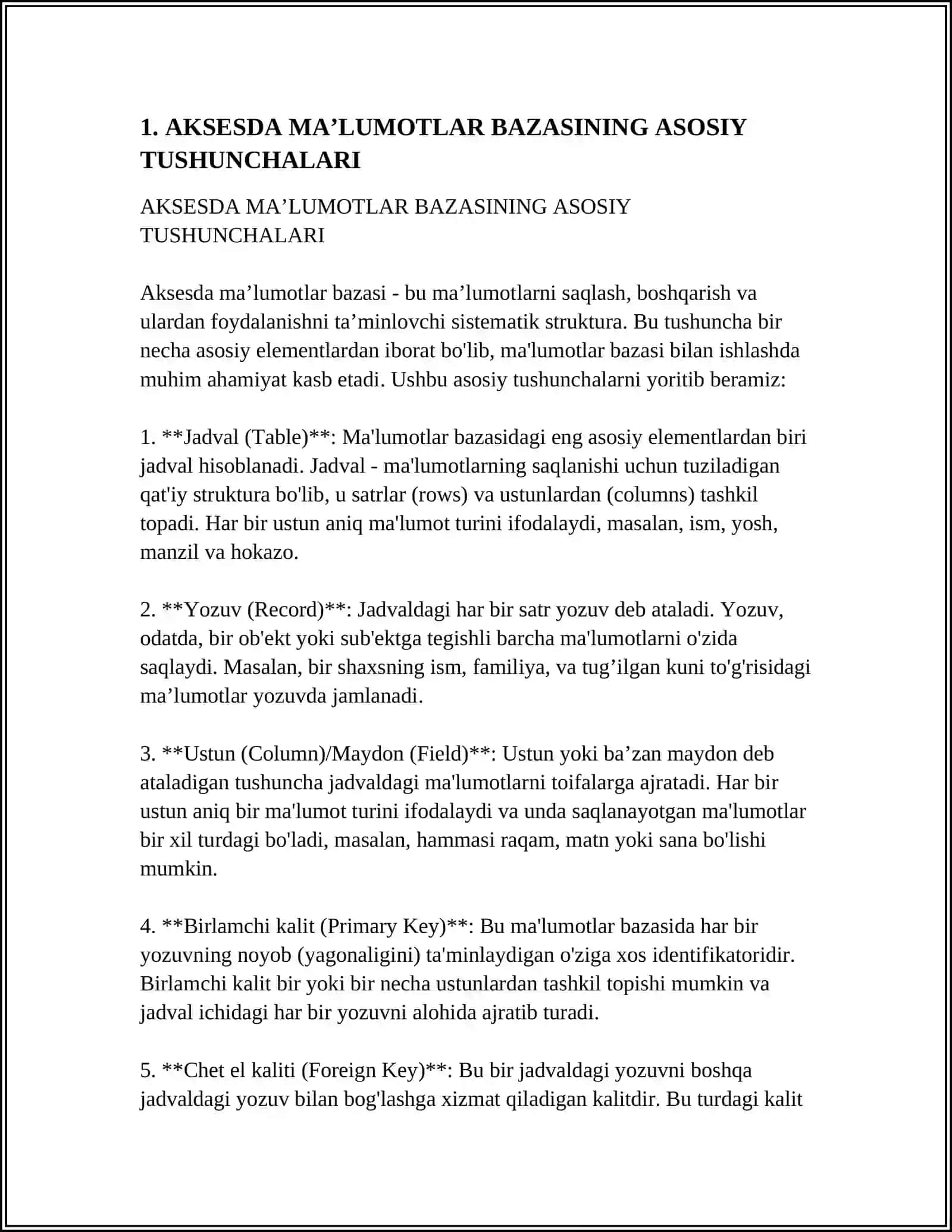 AKSESDA MAʼLUMOTLAR BAZASINI YARATISH 3