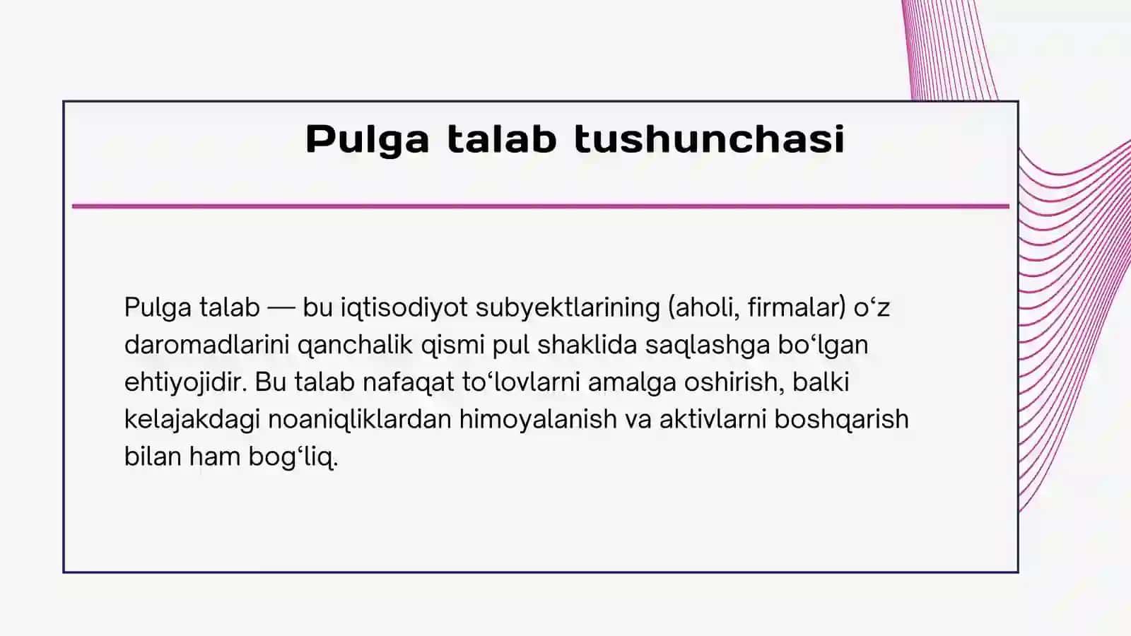 Pulga talab nazariyalari: KLASSIK, KEYNS VA PORTFEL YONDASHUVI 3