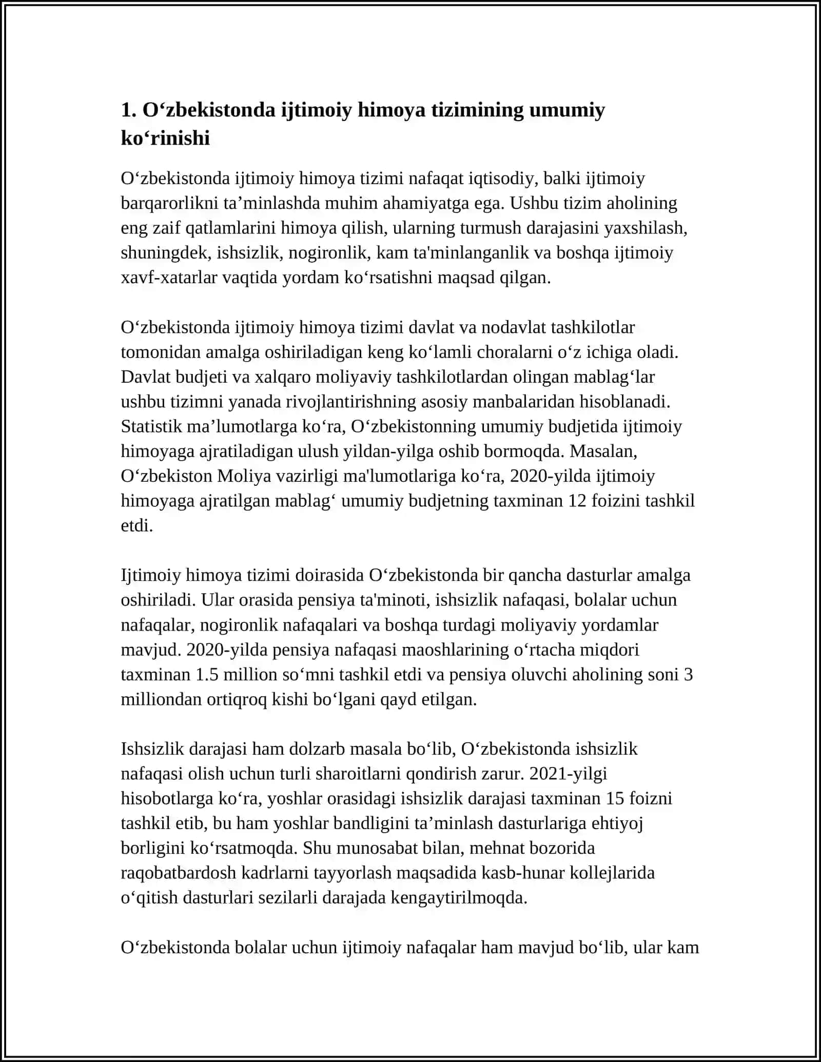 NUKUS INNOVATSION INSTITUTI REFERAT Mavzu: OʻZBEKISTONDA AHOLINI IJTIMOIY HIMOYA QILISH TIZIMI VA DAVLATNING IJTIMOIY SIYOSATI 3