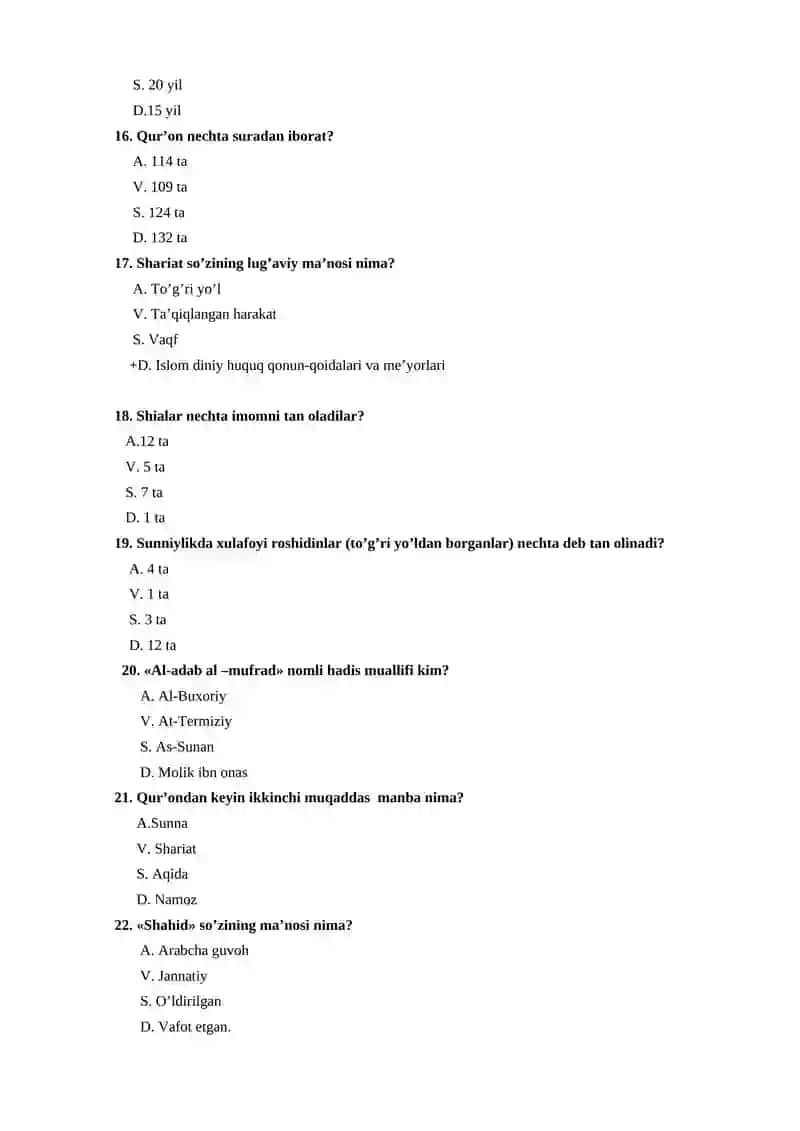 "DINSHUNOSLIK" FANIDAN TEST SAVOLLARI 3