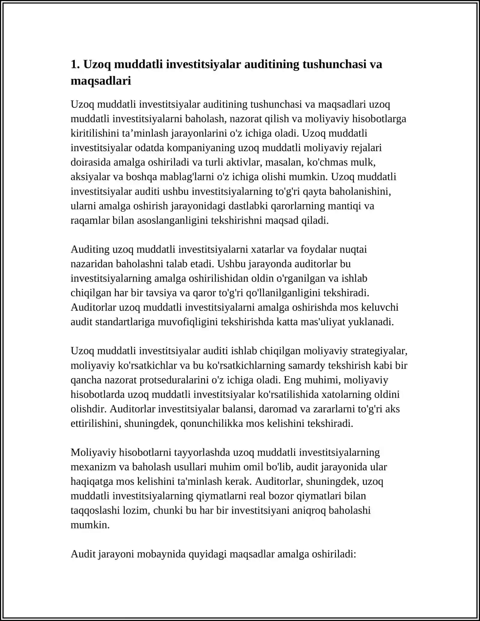 Uzoq muddatli investitsiyalar auditining tushunchasi va maqsadlari 3