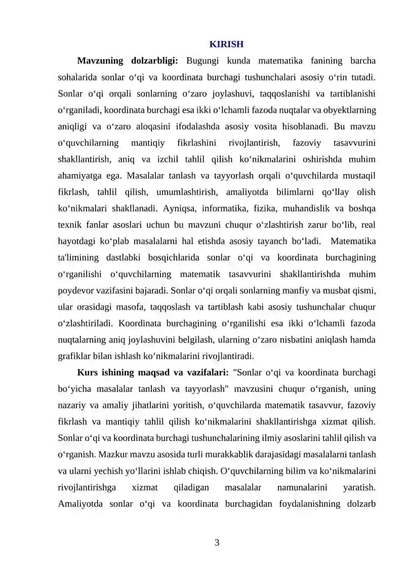 SONLAR O'QI, KOORDINATA BURCHAGI BO'YICHA  MASALALAR TANLASH VA TAYYORLASH 3