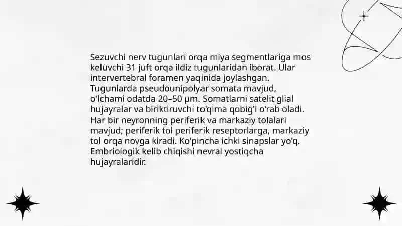 Sezuvchi nerv tugunlari. Orqa miya 3