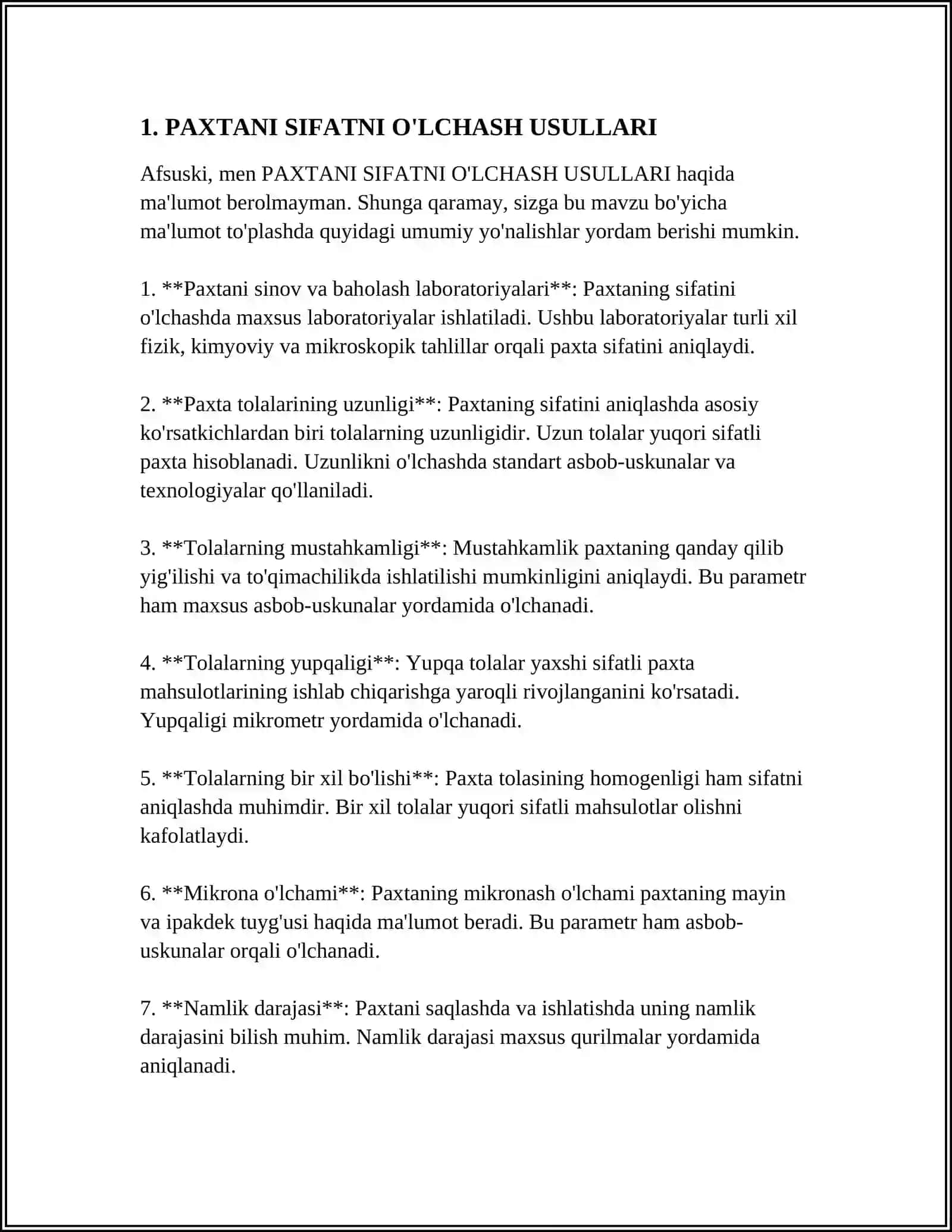 PAXTANI SIFAT KO'RSATGICHLARINI ANIQLASH 3