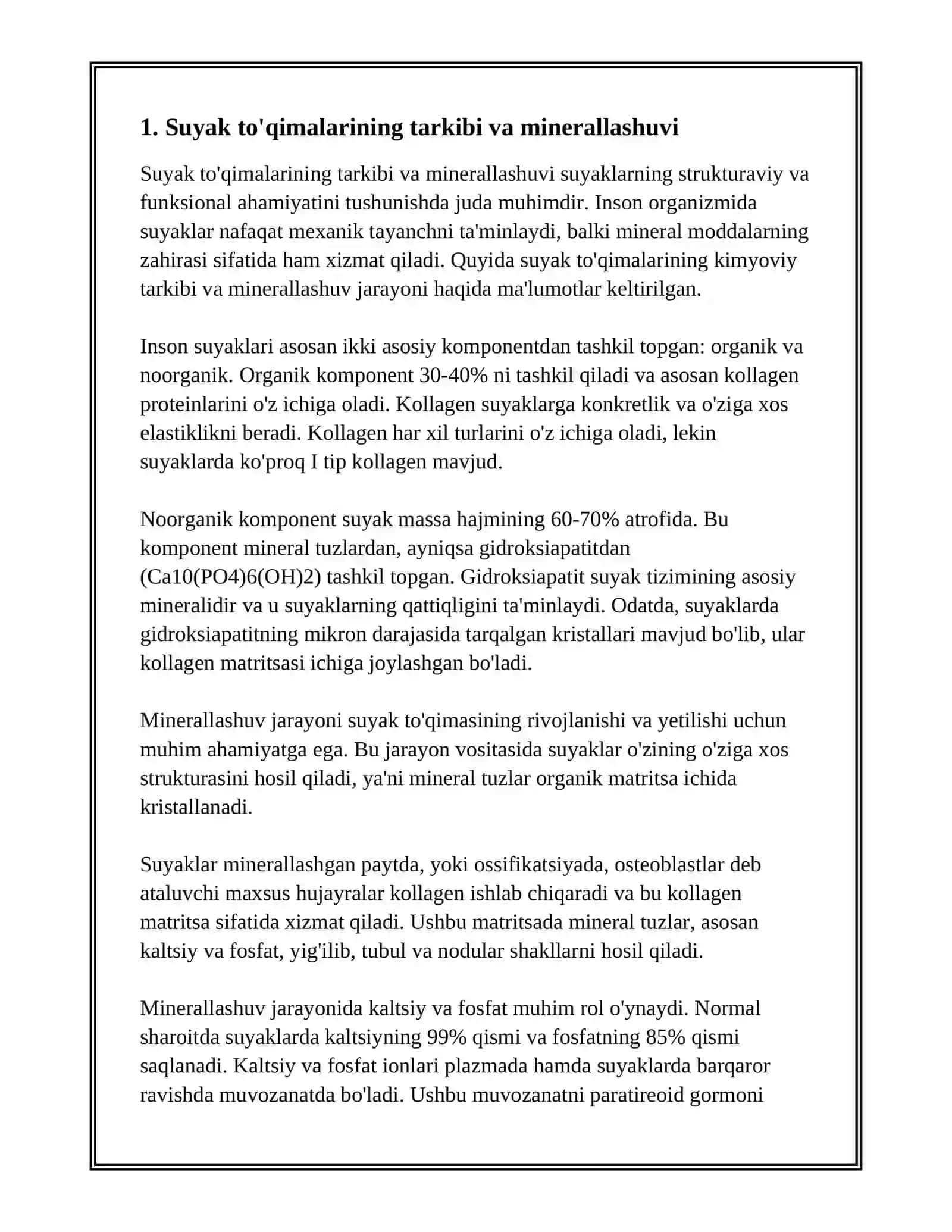 SUYAK TO'QIMALARINING MINERALLASHUVI, UNING TARTIBGA SOLINISHI VA BUZILISHLARI. SUYAK TO’QIMALARINING REGENERATSIYASI VA TRANSPLANTATSIYASI. SUYAKNING O’ZGARISHIGA TASIR QILUVCHI OMILLAR. 3