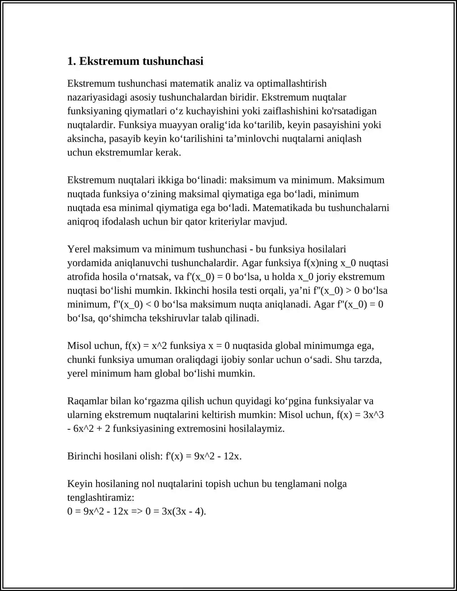 NUQTADA DIFFERENSIALLANUVCHI BO'LMAGAN FUNKSIYALARNING EKSTREMUMI 3