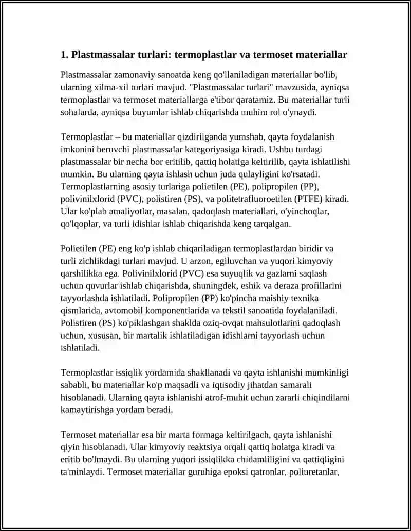 PLASTMASSALARDAN BUYUMLAR ISHLAB CHIQARISH 3