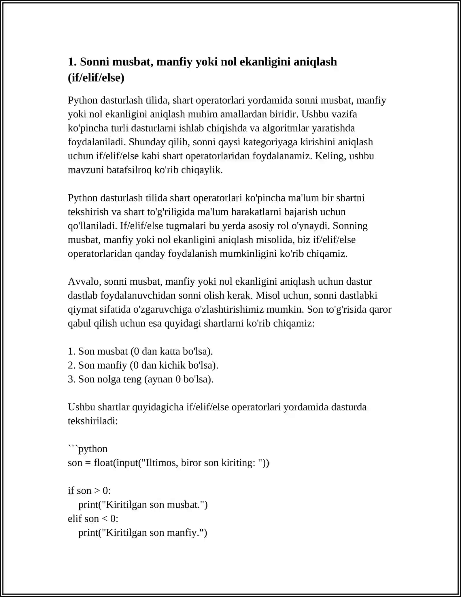 PYTHON DASTURLASH TILIDA SHART OPERATORLARI MAVZUSIDA LOYIHALAR,DASTURLAR TAYYORLASH 3