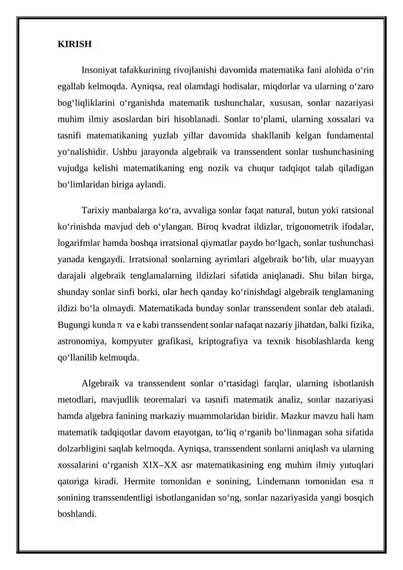 Algebraik va transsendent sonlar KURS ISHI 3