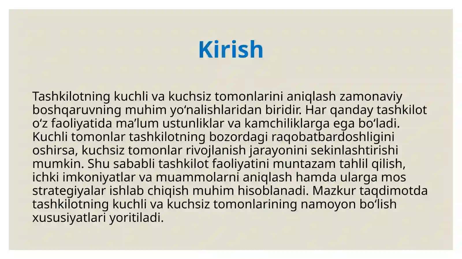 Tashkilotning kuchli va kuchsiz tomonlarini namoyon bo'lishi 3